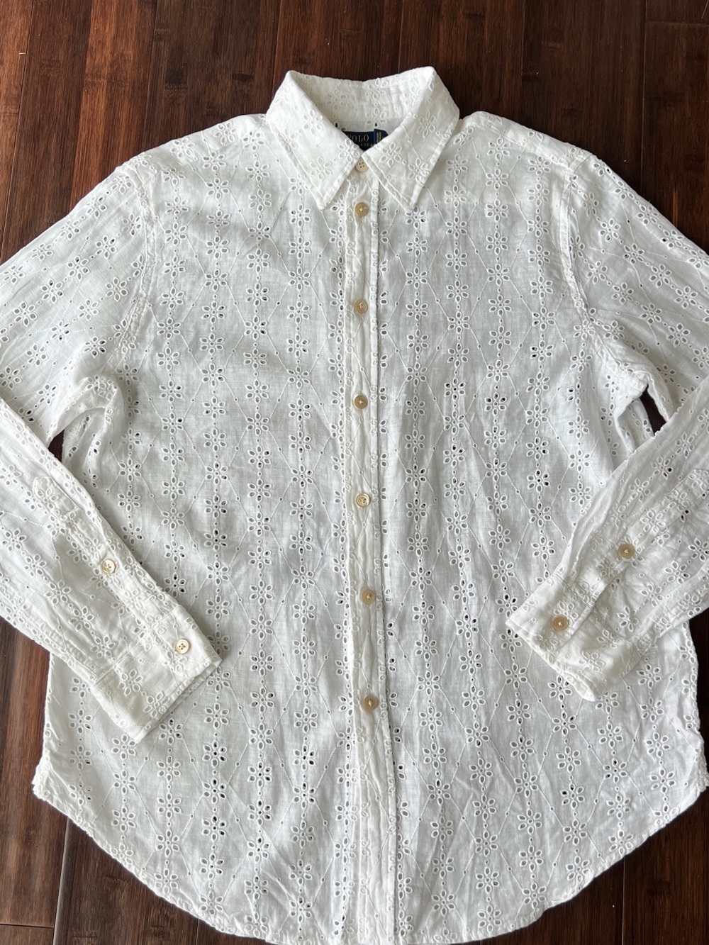 Beautiful Polo Ralph Lauren White 100% Linen Eyelet Blouse Top Button Up Medium - Picture 2 of 12